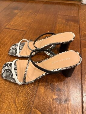 Marc Fisher Black & White Snake-Print Strappy Block Heel Sandals